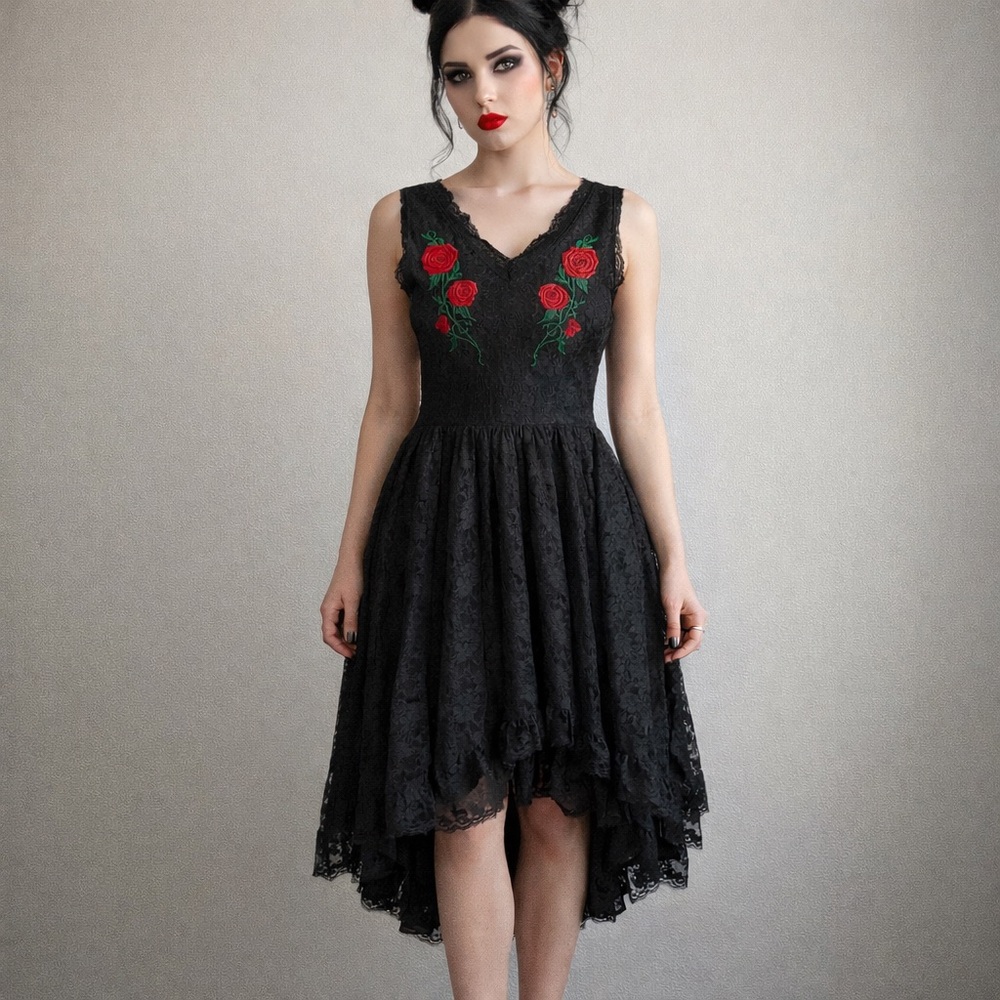 New! Spin Doctor Gothic Lace Selena Embroidered‎ Rose Black Dress Size Small